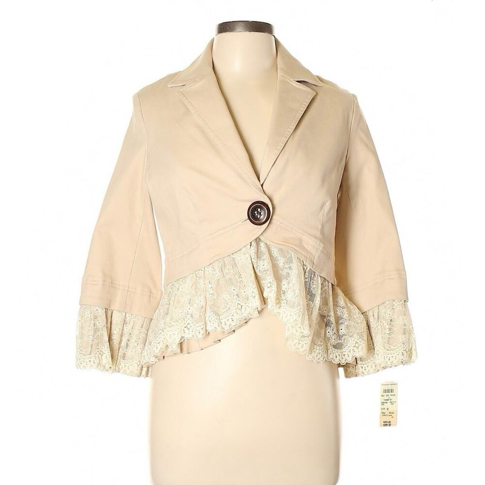 Robert Rodriguez Khaki Beige Cropped Blazer Suit Jacket Lace Detail 12 New